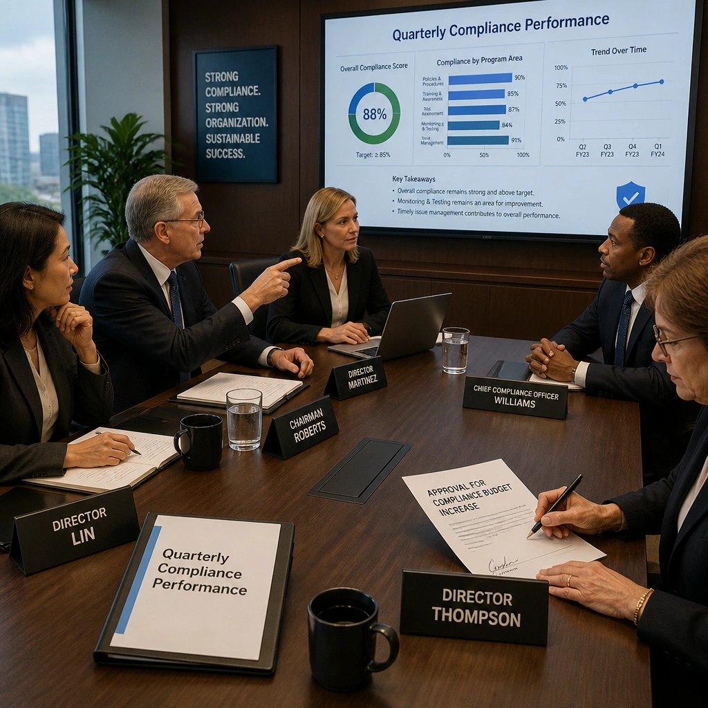 A Boardroom meeting in progress, where directors are sitting around a table reviewing a report labeled "Quarterly Compliance Performance." One board member is pointing to a chart and asking a management representative a question, while another is signing a document labeled "Approval for Compliance Budget Increase," illustrating active engagement and resource support.