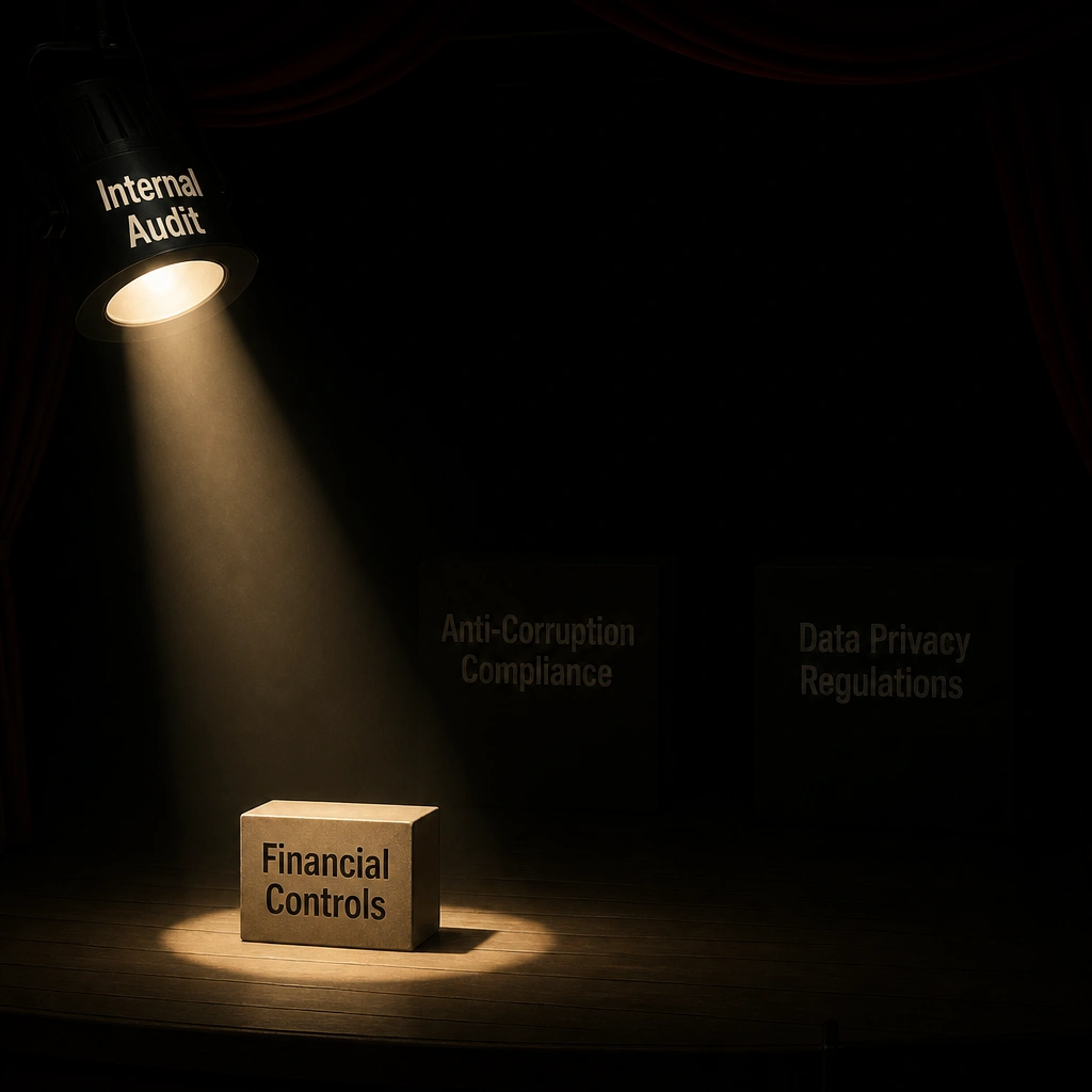 A spotlight labeled "Internal Audit" shining on a stage. The spotlight only illuminates a small box labeled "Financial Controls," leaving other major areas on the stage labeled "Anti-Corruption Compliance" and "Data Privacy Regulations" in complete darkness, representing a weakness in the scope and coverage of the audit program.