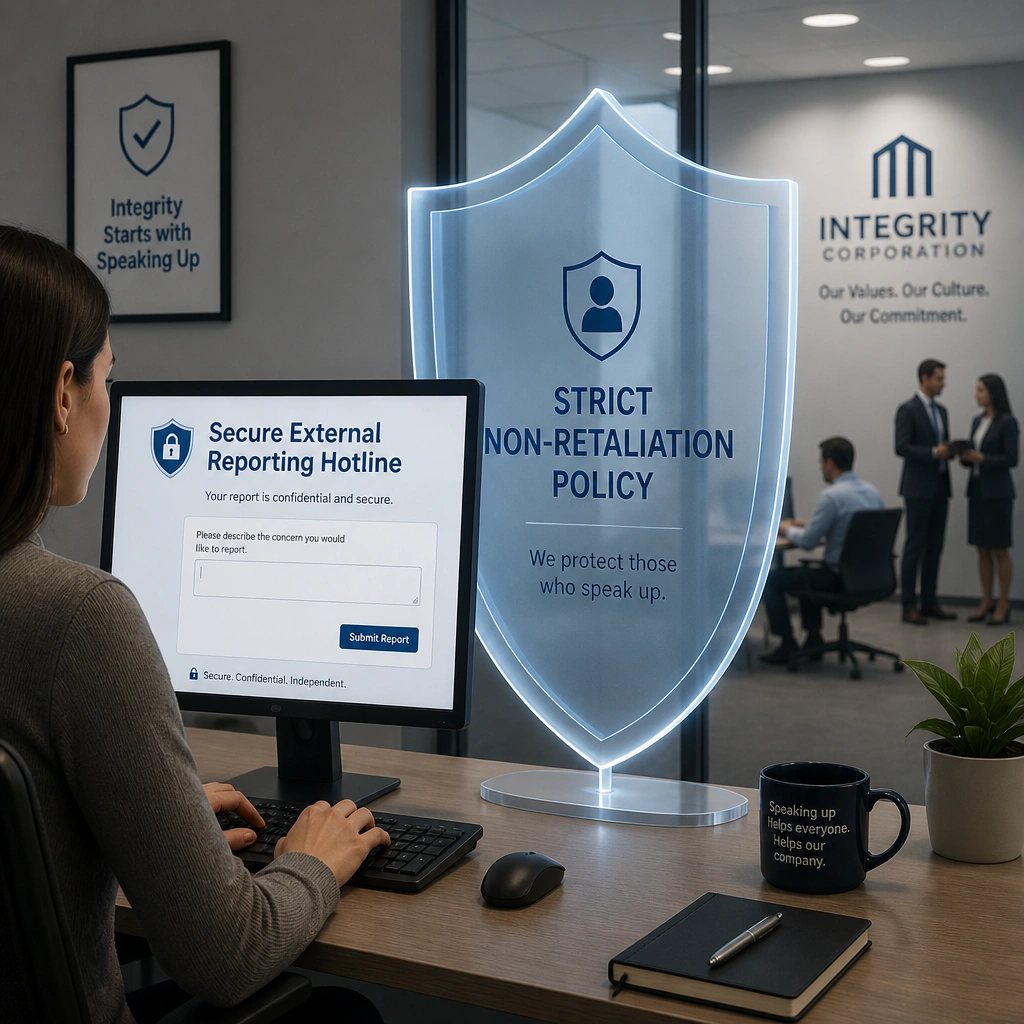 An employee sitting at a computer console typing into a portal labeled 'Secure External Reporting Hotline'. A protective shield labeled 'Strict Non-Retaliation Policy' stands between the employee and a corporate office background, symbolizing safety and confidentiality.