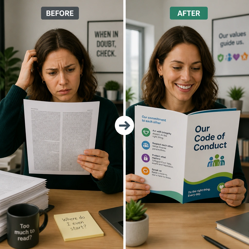 A comparison view. On the left, an employee looking confused at a document filled with tiny, dense blocks of legal text. On the right, the same employee smiling and looking at a clear, colorful booklet with bullet points and helpful icons labeled 'Our Code of Conduct'.