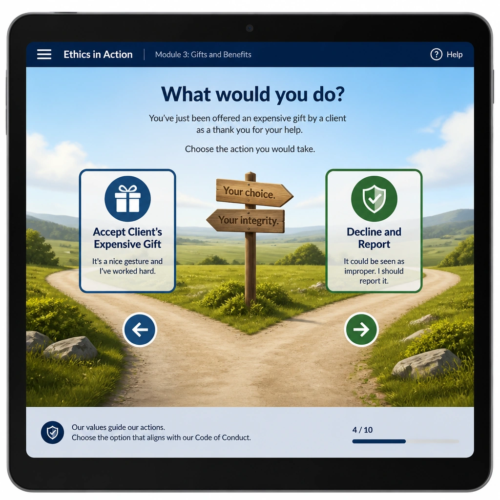 An interactive training interface on a tablet screen showing a fork in the road. One path is labeled 'Accept Client's Expensive Gift' and the other 'Decline and Report'. Above it, the question: 'What would you do?' is displayed, illustrating practical choice.