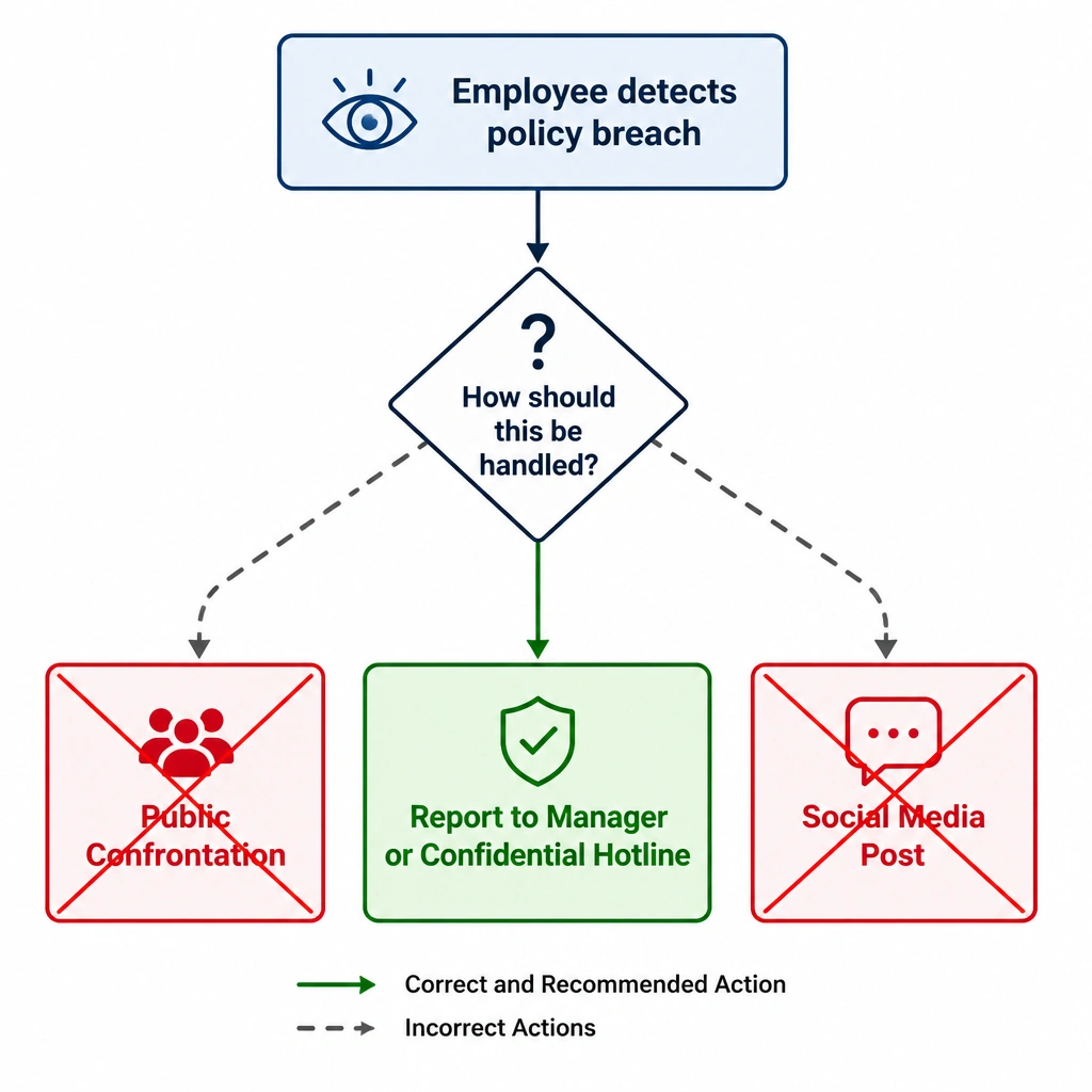 A flowchart starting with 'Employee detects policy breach', moving to a decision node pointing directly to a box labeled 'Report to Manager or Confidential Hotline' highlighted in green, with incorrect options like 'Public Confrontation' and 'Social Media Post' crossed out in red.