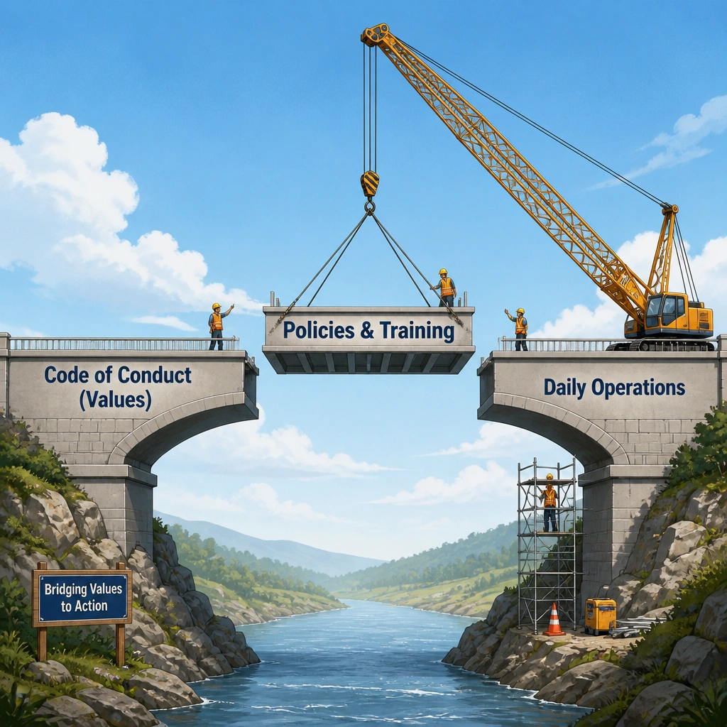 A bridge illustration where the left span is labeled 'Code of Conduct (Values)' and the right span is 'Daily Operations'. A gap exists between them. A construction crew is building the missing section labeled 'Policies & Training' to complete the bridge.