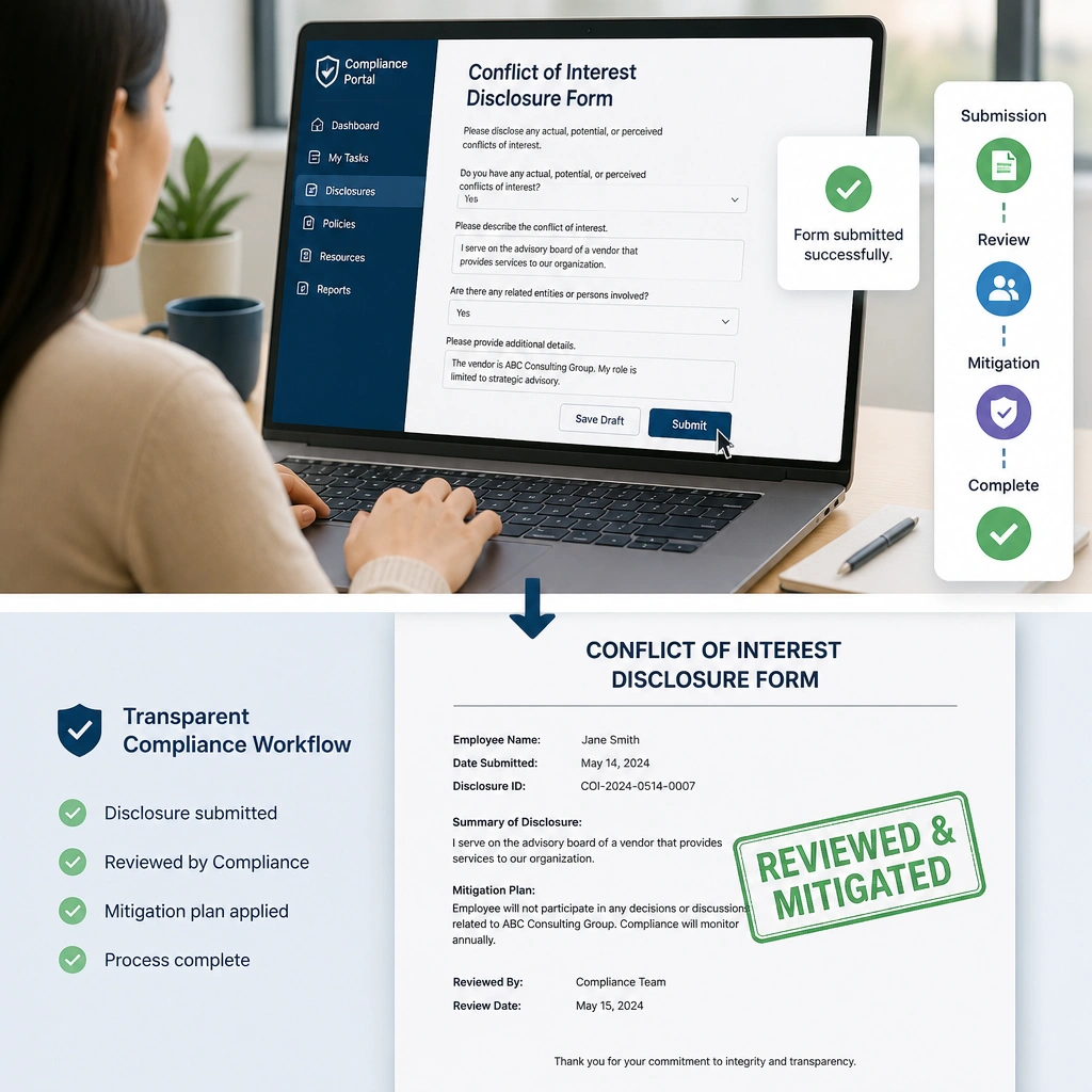 An employee submitting a digital form labeled 'Conflict of Interest Disclosure Form' via a portal. A document output with a stamp that reads 'Reviewed & Mitigated' represents the transparent compliance workflow.