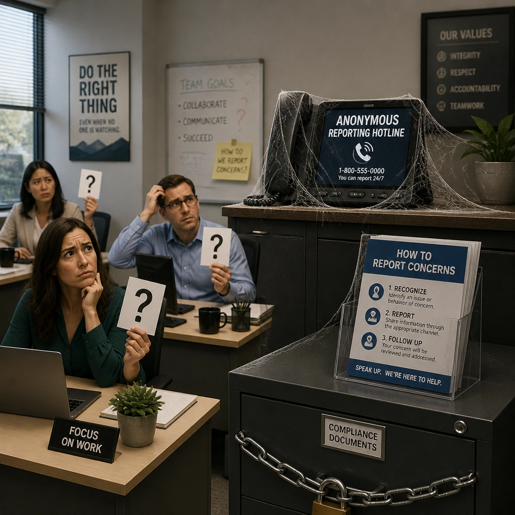 An office environment where a large, modern phone labeled "Anonymous Reporting Hotline" is placed on a back counter, but it is covered in cobwebs. Employees are sitting at their desks nearby, looking confused or holding question marks, while a compliance flyer explaining "How to Report Concerns" sits in a locked filing cabinet. This visualizes a breakdown in the communication of reporting channels.