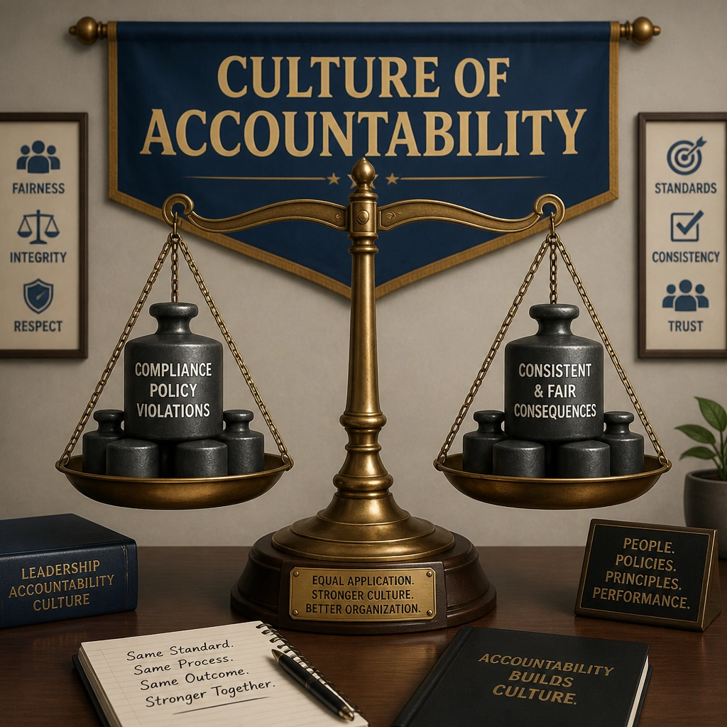 A balance scale representing justice. On one side are weights labeled "Compliance Policy Violations," and on the other side are weights labeled "Consistent & Fair Consequences." Behind the scale is a banner that reads "Culture of Accountability," showing that equal application of discipline balances the organizational environment.