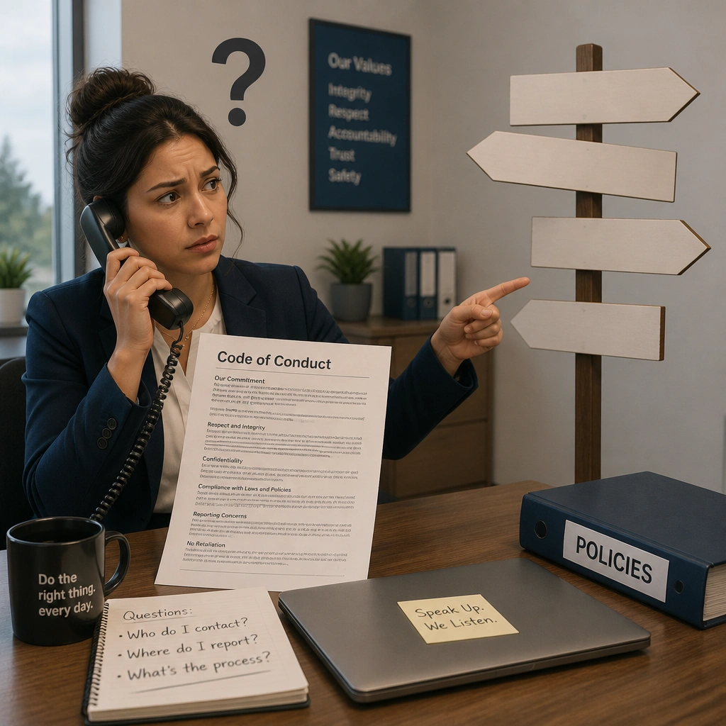 An employee looking at a detailed document labeled "Code of Conduct" but holding a phone receiver with a question mark above it, pointing to a signpost with directions that are blank, representing a breakdown in communication regarding where to report concerns.