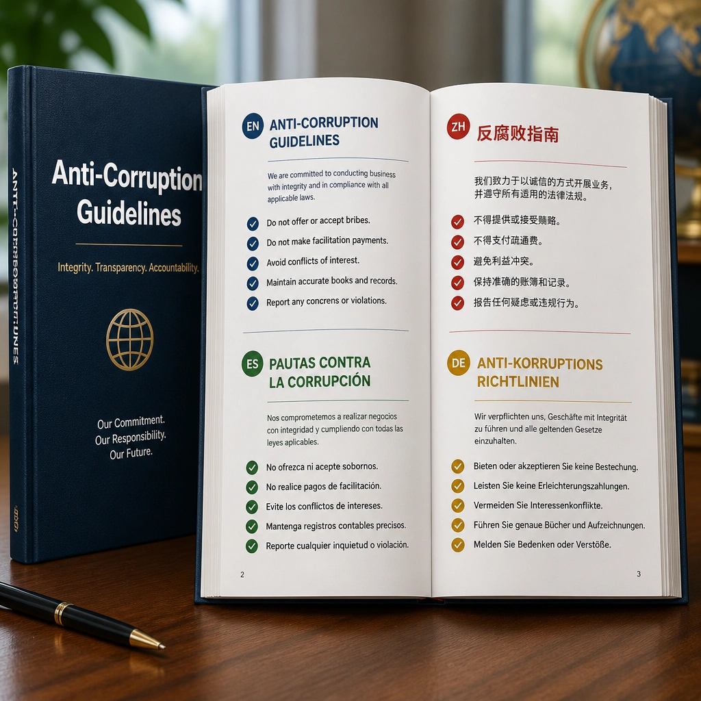 A book titled "Anti-Corruption Guidelines" opening up to show pages written in different scripts (English, Spanish, Mandarin, German), with clear bullet points and checkmarks indicating readability and translation across global operations.