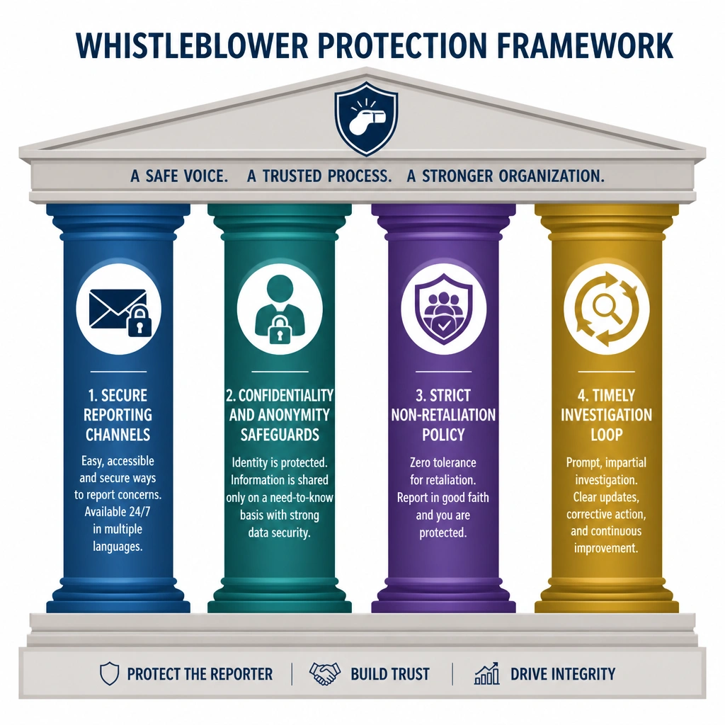 A diagram illustrating the key pillars of a whistleblower protection framework: Secure Reporting Channels, Confidentiality and Anonymity Safeguards, Strict Non-Retaliation Policy, and a Timely Investigation Loop.