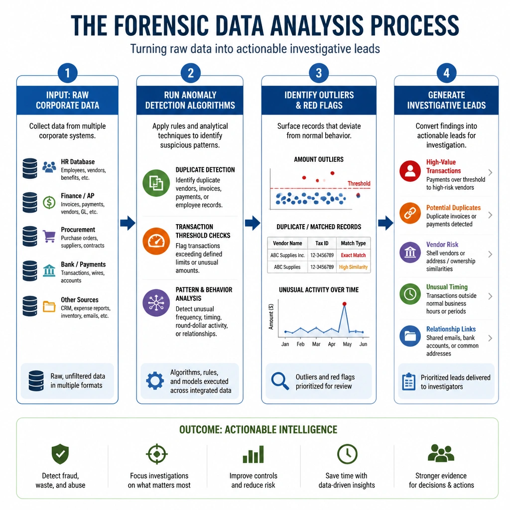 An infographic of the forensic data analysis process: inputting raw corporate databases, running anomaly detection algorithms (e.g., duplicate detection, transaction threshold checks), identifying outliers, and generating investigative leads.