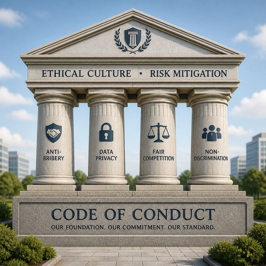 A conceptual illustration showing the 'Code of Conduct' as a solid foundation stone supporting a building labeled 'Ethical Culture' and 'Risk Mitigation', with pillars representing core policies: Anti-Bribery, Data Privacy, Fair Competition, and Non-Discrimination.