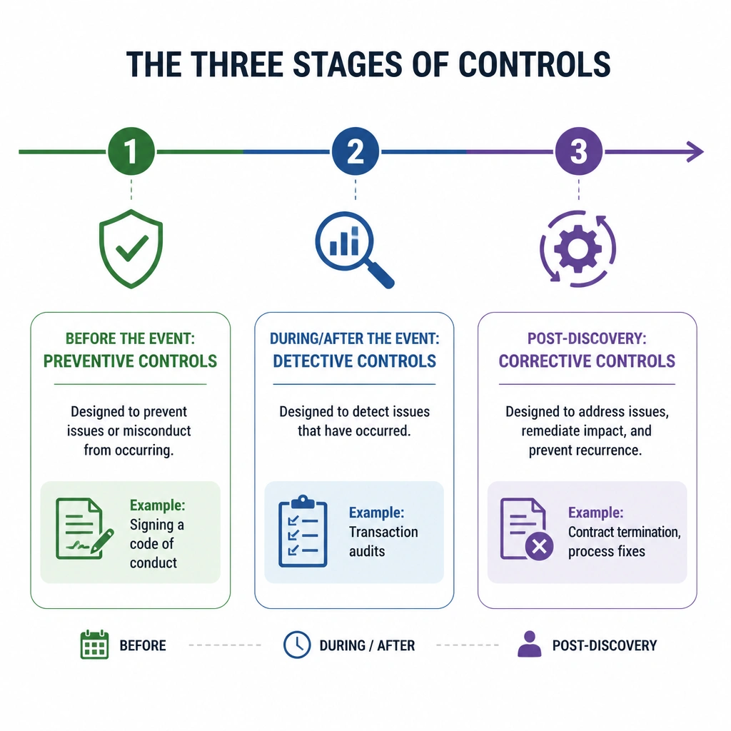 A timeline diagram showing the three stages of controls: Before the Event: Preventive Controls (e.g., signing a code of conduct), During/After the Event: Detective Controls (e.g., transaction audits), and Post-Discovery: Corrective Controls (e.g., contract termination, process fixes).