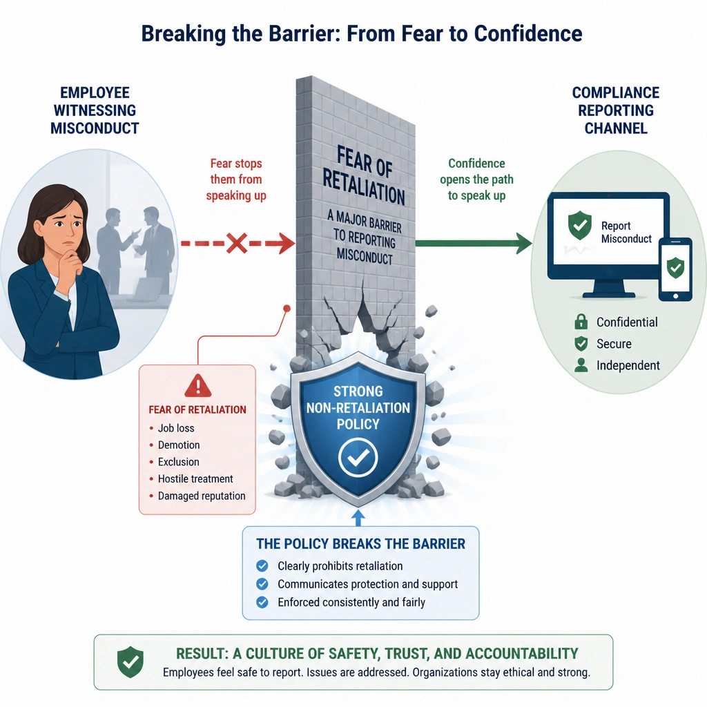 A diagram representing the 'Fear of Retaliation' barrier between an 'Employee Witnessing Misconduct' and the 'Compliance Reporting Channel', showing how a 'Strong Non-Retaliation Policy' breaks down this barrier.