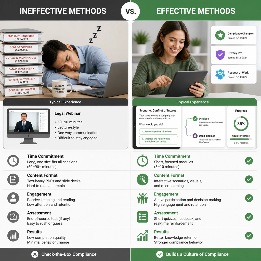 A comparison chart of compliance training methods: 'Ineffective Methods' (showing a sleeping employee next to a stack of long PDF documents and legal webinars) versus 'Effective Methods' (showing an engaged employee using an interactive tablet with branching scenarios, progress badges, and short quizzes).