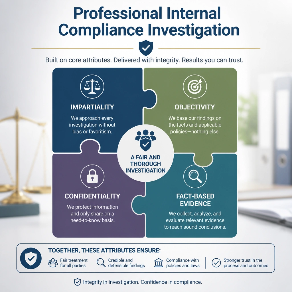 This image should show the key attributes of a professional internal compliance investigation. It should feature a checklist or puzzle pieces labeled "Impartiality," "Objectivity," "Confidentiality," and "Fact-based evidence," indicating how these components work together to support a fair compliance investigation.