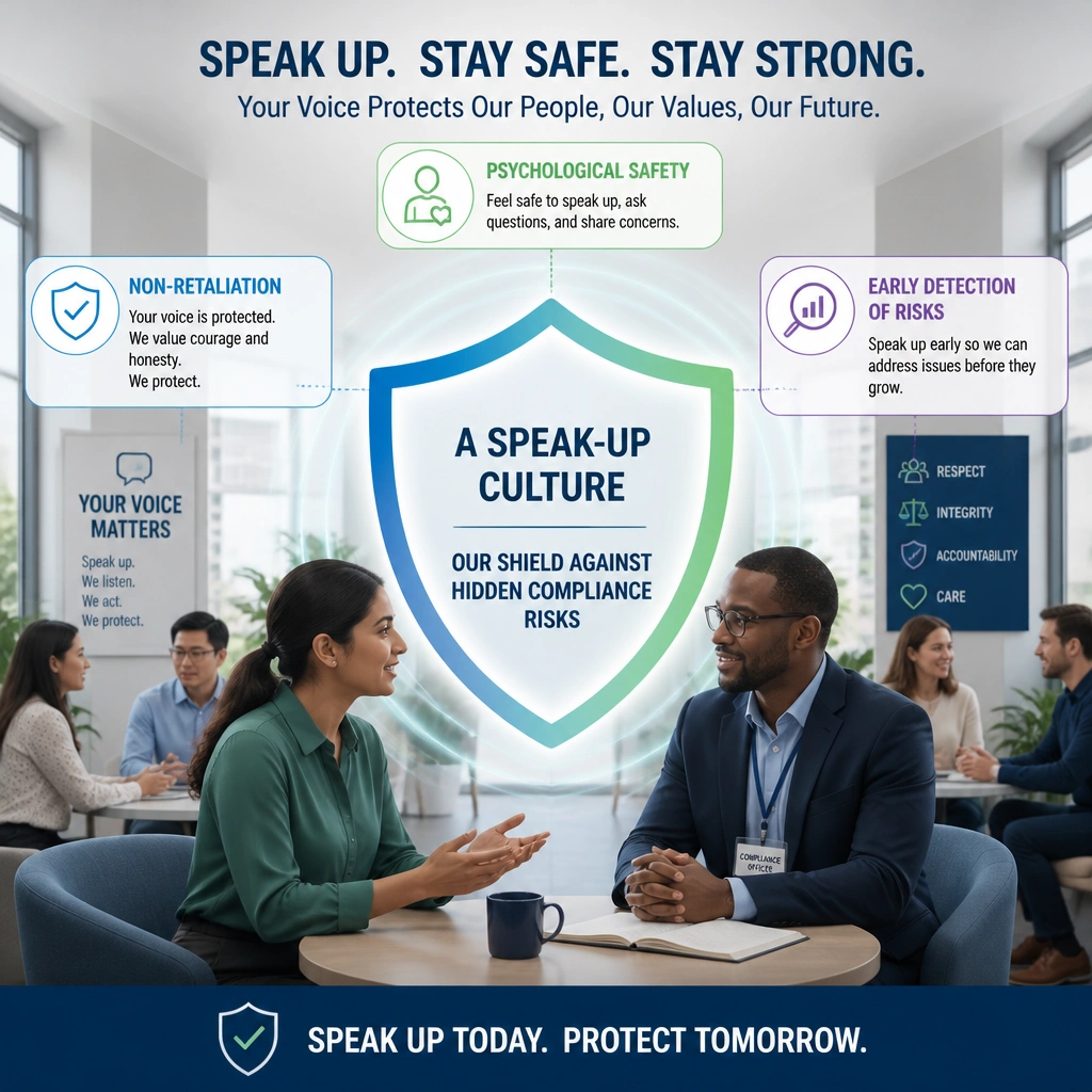 This image should represent an open, safe reporting environment. It should show employees communicating confidently with compliance officers, with labels representing "Psychological Safety," "Non-Retaliation," and "Early Detection of Risks," symbolizing how a Speak-Up culture acts as a shield against hidden compliance issues.