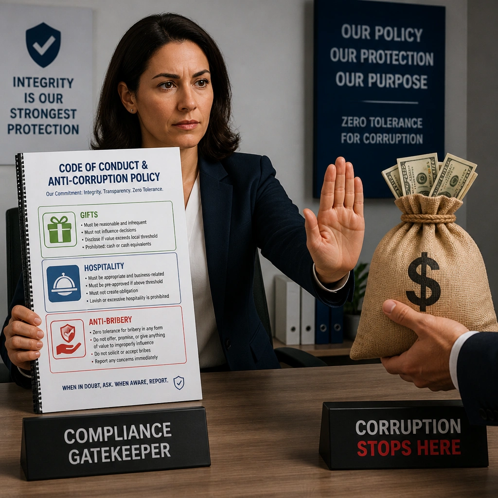 This image should show a compliance gatekeeper reviewing a policy document that contains clear boundaries and rules for "Gifts," "Hospitality," and "Anti-Bribery." The gatekeeper is blocking a bag of cash, demonstrating how a strong preventive policy acts as a barrier to corruption.