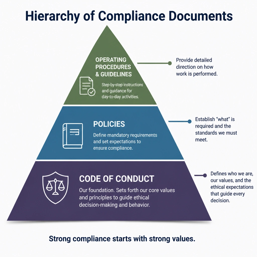 A pyramid diagram showing the hierarchy of compliance documents, with the Code of Conduct at the foundation representing core values and ethical decision-making, supporting specific policies, which in turn support operating procedures and guidelines.