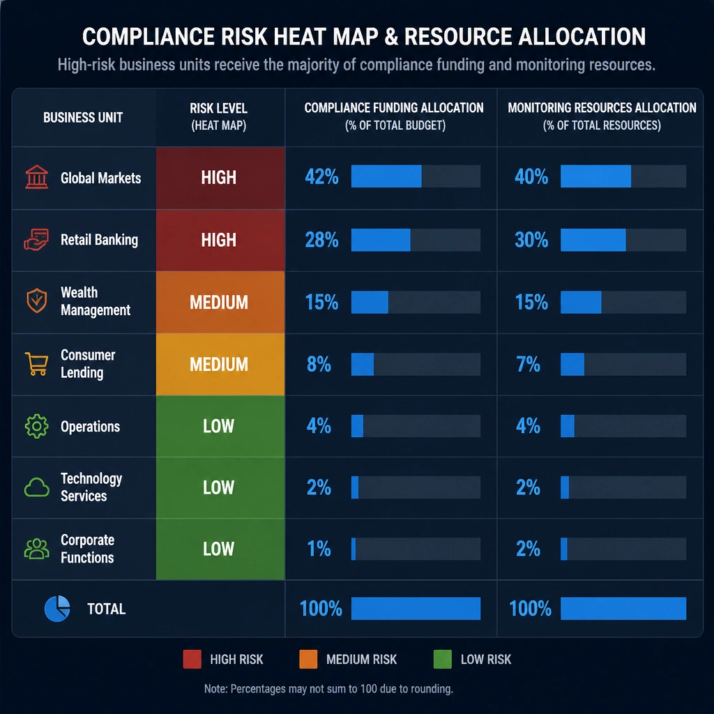A heat map visual showing different business units categorized by risk levels (high, medium, low) alongside resource allocation bars, illustrating that high-risk units receive the majority of compliance funding and monitoring resources.