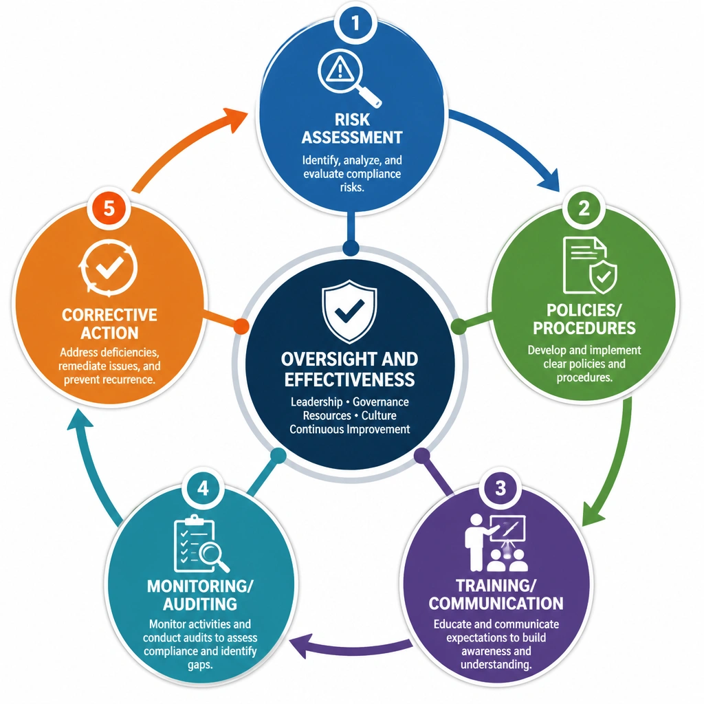 A cyclical flow chart representing the core components of a Compliance Management System (CMS): Risk Assessment, Policies/Procedures, Training/Communication, Monitoring/Auditing, and Corrective Action, all orbiting a central hub of "Oversight and Effectiveness."