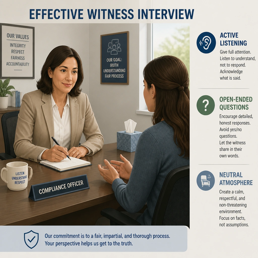 An illustration of an interview setting showing a compliance officer using an open, non-threatening posture, taking notes, and listening actively to a witness, with bullet points emphasizing "Active Listening," "Open-Ended Questions," and "Neutral Atmosphere."