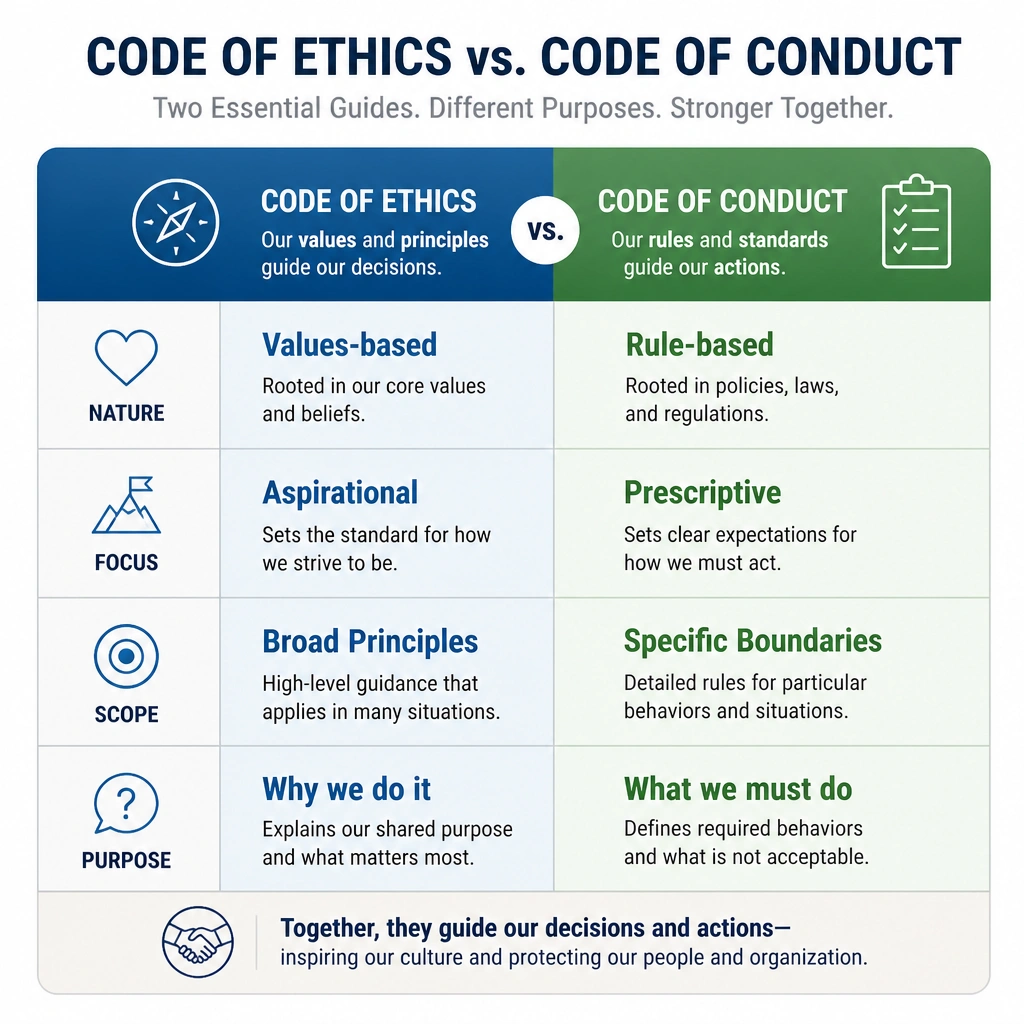 A comparison chart contrasting the Code of Ethics (with keywords like "Values-based," "Aspirational," "Broad Principles," and "Why we do it") with the Code of Conduct (with keywords like "Rule-based," "Prescriptive," "Specific Boundaries," and "What we must do").