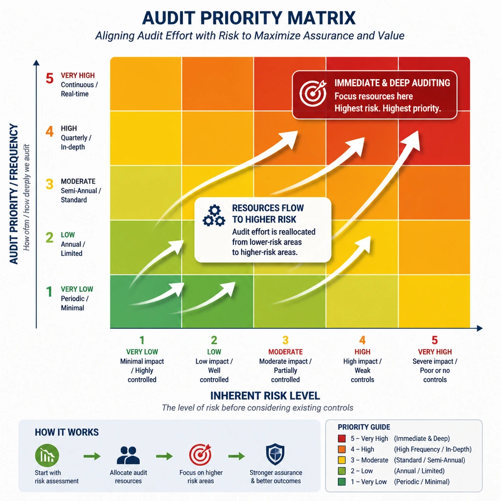A matrix showing "Inherent Risk Level" (X-axis) and "Audit Priority / Frequency" (Y-axis), with high-risk areas designated for immediate and deep auditing, showing how resources flow from low-risk zones to high-risk zones.