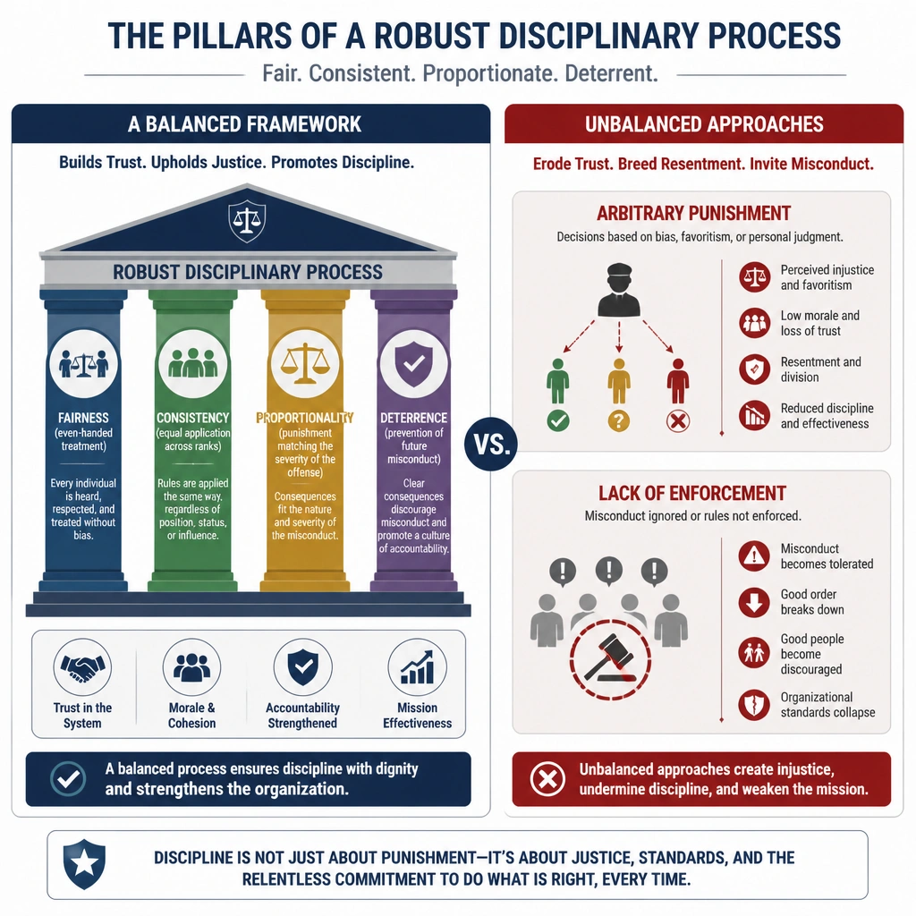 A flowchart or diagram showing the pillars of a robust disciplinary process: Fairness (even-handed treatment), Consistency (equal application across ranks), Proportionality (punishment matching the severity of the offense), and Deterrence (prevention of future misconduct). The visual should contrast this balanced framework with unbalanced approaches like arbitrary punishment or lack of enforcement.