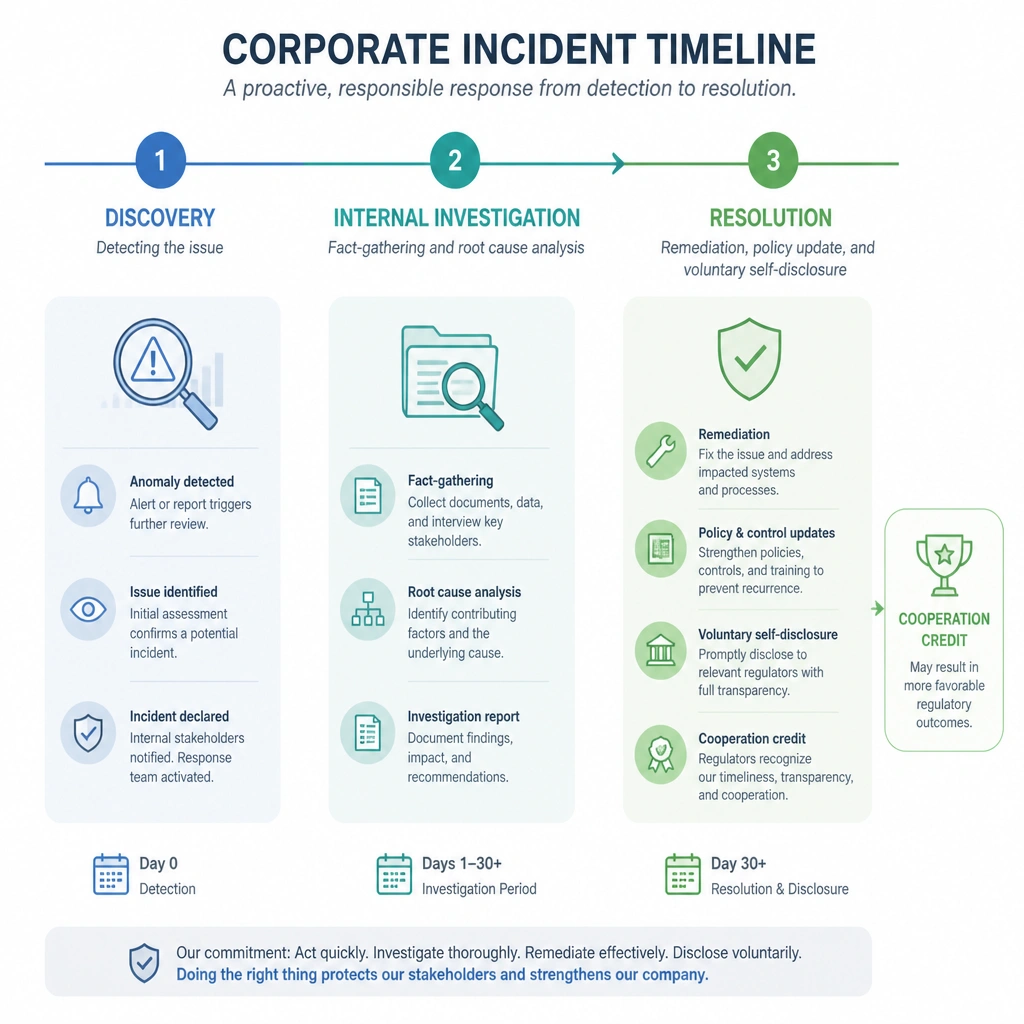 A conceptual timeline of a corporate incident, showing three key phases: Discovery (detecting the issue), Internal Investigation (fact-gathering and root cause analysis), and Resolution (remediation, policy update, and voluntary self-disclosure to regulators resulting in cooperation credit).
