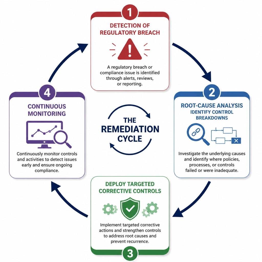 A diagram illustrating the remediation cycle: beginning with the detection of a regulatory breach, moving to a root-cause analysis that identifies control breakdowns, followed by the deployment of targeted corrective controls, and ending with continuous monitoring.