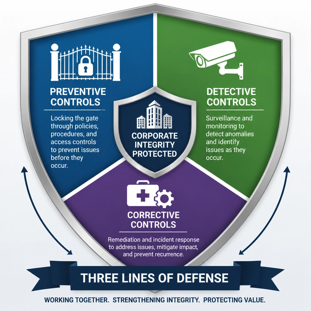 A three-part security shield diagram illustrating the categories of internal controls: 'Preventive Controls' (locking the gate/policies), 'Detective Controls' (surveillance/monitoring), and 'Corrective Controls' (remediation/incident response), all working together to protect corporate integrity.
