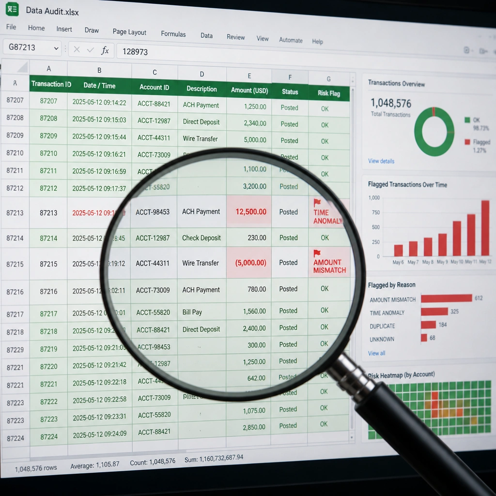 A magnifying glass hovering over a computer screen displaying spreadsheet cells and graphs. The magnifying glass highlights anomalous, red-flagged cells (e.g., mismatched amounts, odd timestamps) amidst thousands of normal green cells.