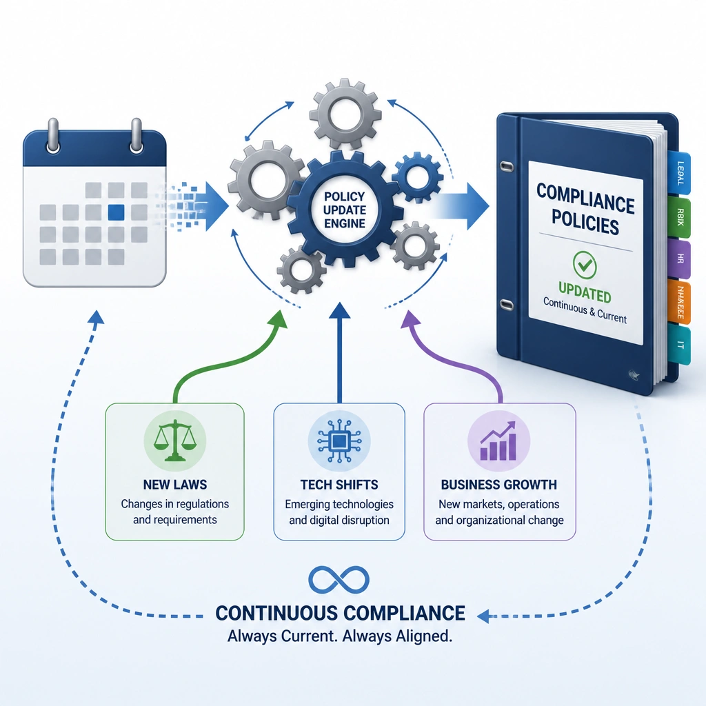 A calendar symbol transitioning into a gear system that updates a binder labeled 'Compliance Policies'. Arrows indicate dynamic inputs like 'New Laws', 'Tech Shifts', and 'Business Growth' updating the policies continuously.