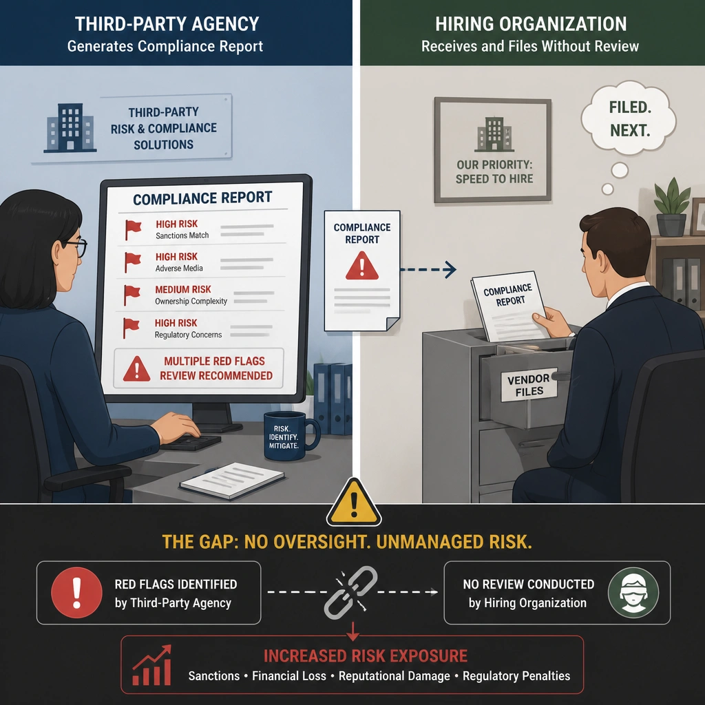 An illustration showing a split screen: on the left, a third-party agency generates a compliance report with red flags; on the right, the hiring organization receives the document and files it away without reviewing it, resulting in a gap in risk management and highlighting the lack of oversight.