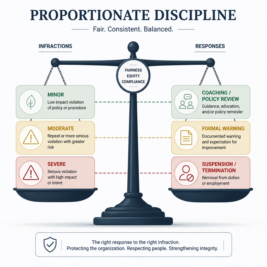 A scale diagram representing the concept of 'Proportionate Discipline' in compliance. On one side are various infractions (minor, moderate, severe) and on the other side are matching responses (coaching/policy review, formal warning, suspension/termination), showing them in perfect balance.