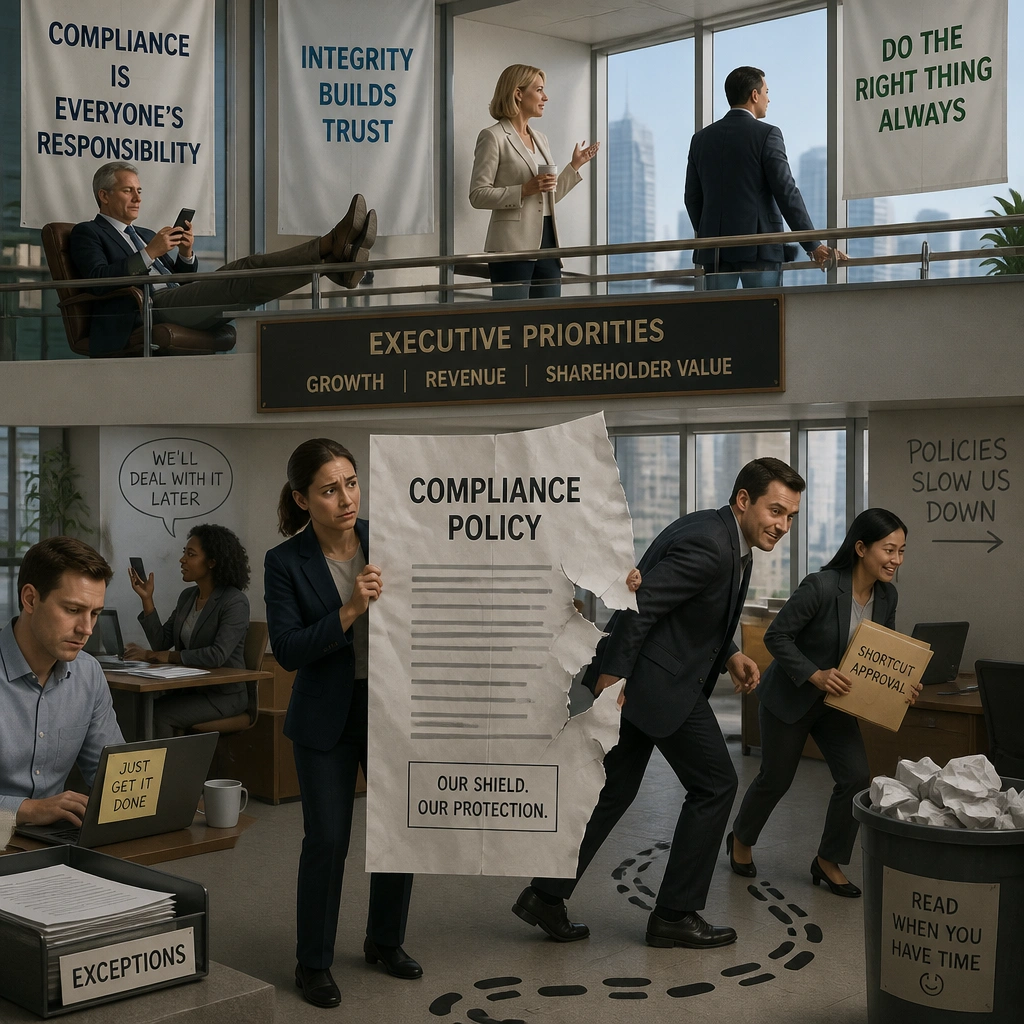 A visual metaphor of a 'paper compliance program'. It shows a corporate office where executives are ignoring compliance banners, and employees are viewing a compliance policy document as a literal shield of paper that is flimsy and easily bypassed, illustrating the risk of lacking genuine executive support.
