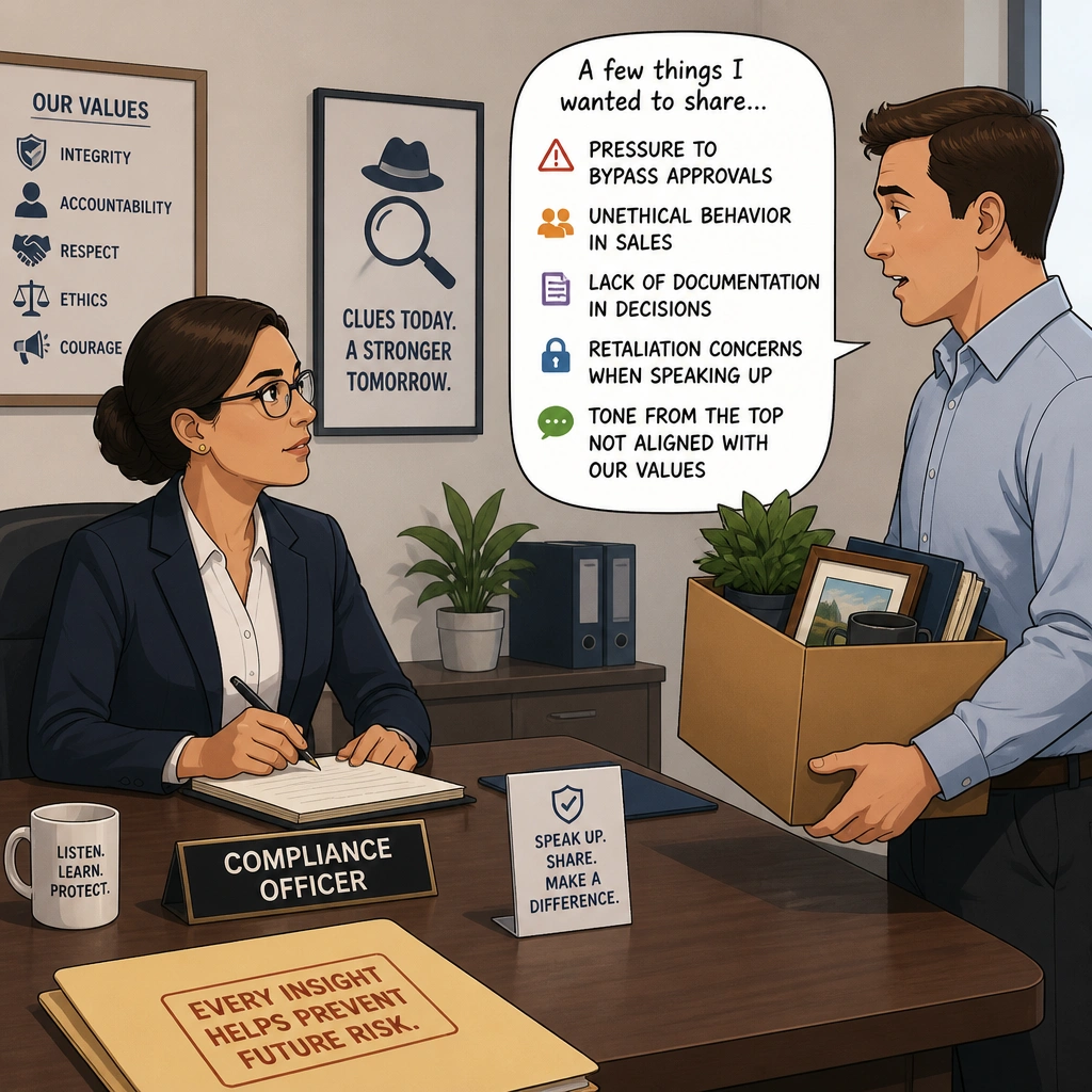An illustration depicting a compliance officer interviewing a departing employee who is carrying a box of their belongings. A speech bubble from the employee reveals insights or key phrases (e.g., 'pressure to bypass approvals', 'unethical behavior in sales'), showing the interview acting as an information-gathering detective check.