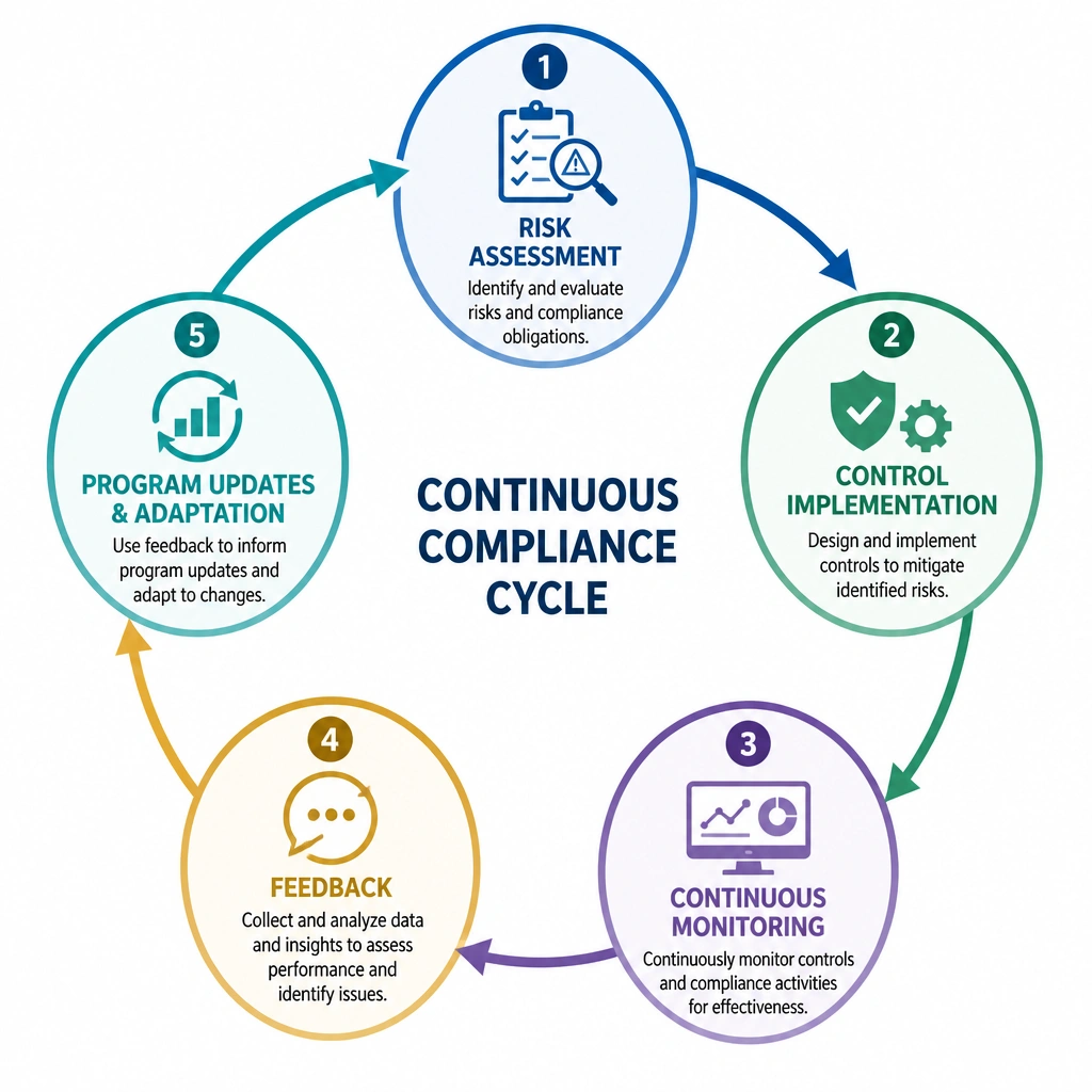 A circular diagram depicting the continuous compliance cycle: Risk Assessment leading to Control Implementation, leading to Continuous Monitoring, generating Feedback, which informs program updates and adaptation.
