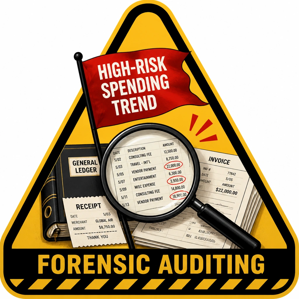 A warning sign depicting a red flag labeled 'High-Risk Spending Trend' triggering a magnifying glass searching through financial records (ledgers, receipts) to represent forensic auditing.