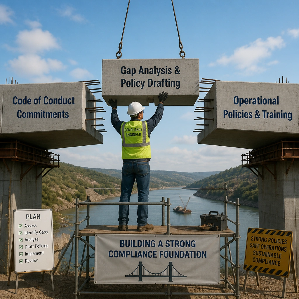 A bridge under construction with a gap between the left side (labeled 'Code of Conduct Commitments') and the right side (labeled 'Operational Policies & Training'), with a compliance engineer placing a block labeled 'Gap Analysis & Policy Drafting' to connect them.