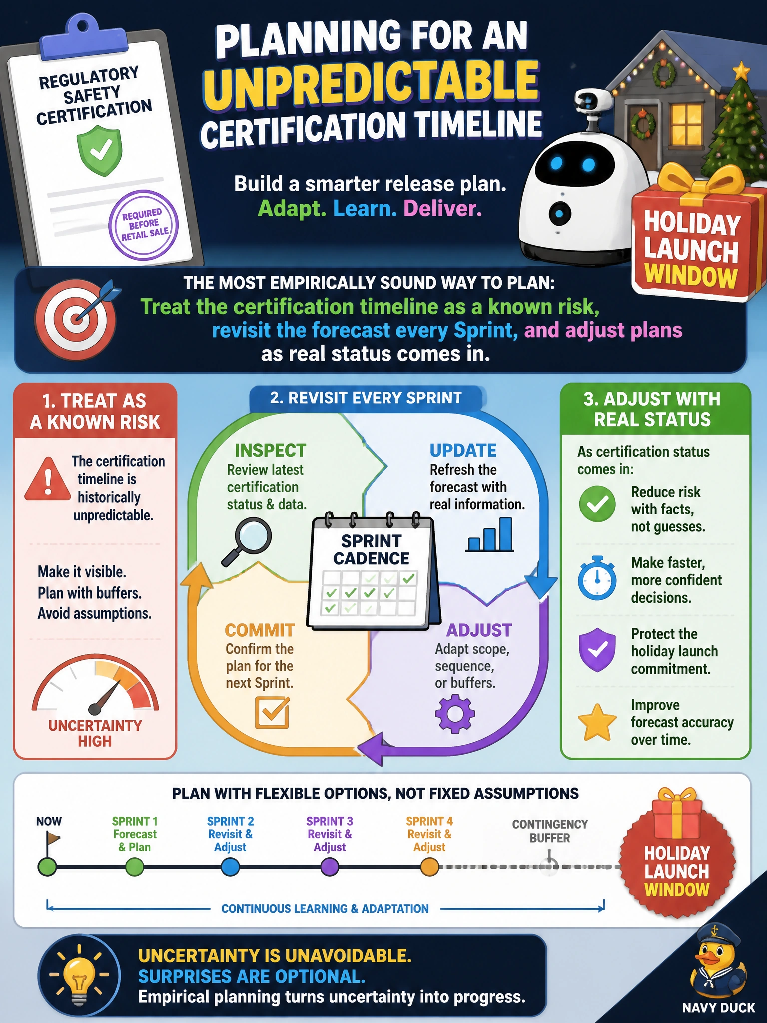 To Create an exciting colorful infographic that explains the concepts in the question: Question: A regulatory safety certification the home robot's firmware must pass before retail sale has a historically unpredictable review timeline. The Product Owner is building a release plan for a fixed holiday launch window. What is the most empirically sound way to plan around this uncertainty? Correct Answer: Treat the certification timeline as a known risk, revisit the forecast every Sprint, and adjust plans as real status comes in Put EVERY visible label in double quotes. No people. No A/B/C/D letters. In one of the four corners put a little "Navy Duck".
