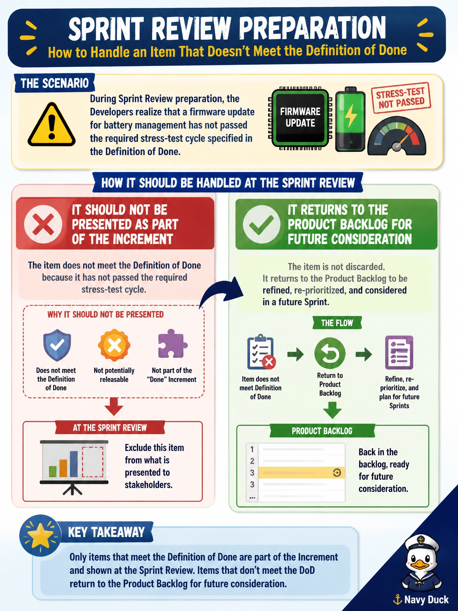 To Create an exciting colorful infographic that explains the concepts in the question: Question: During Sprint Review preparation, the Developers realize that a firmware update for battery management has not passed the required stress-test cycle specified in the Definition of Done, so how should this item be handled at the Sprint Review itself? Correct Answer: It should not be presented as part of the Increment, and it returns to the Product Backlog for future consideration. Put EVERY visible label in double quotes. No people. No A/B/C/D letters. In one of the four corners put a little "Navy Duck".