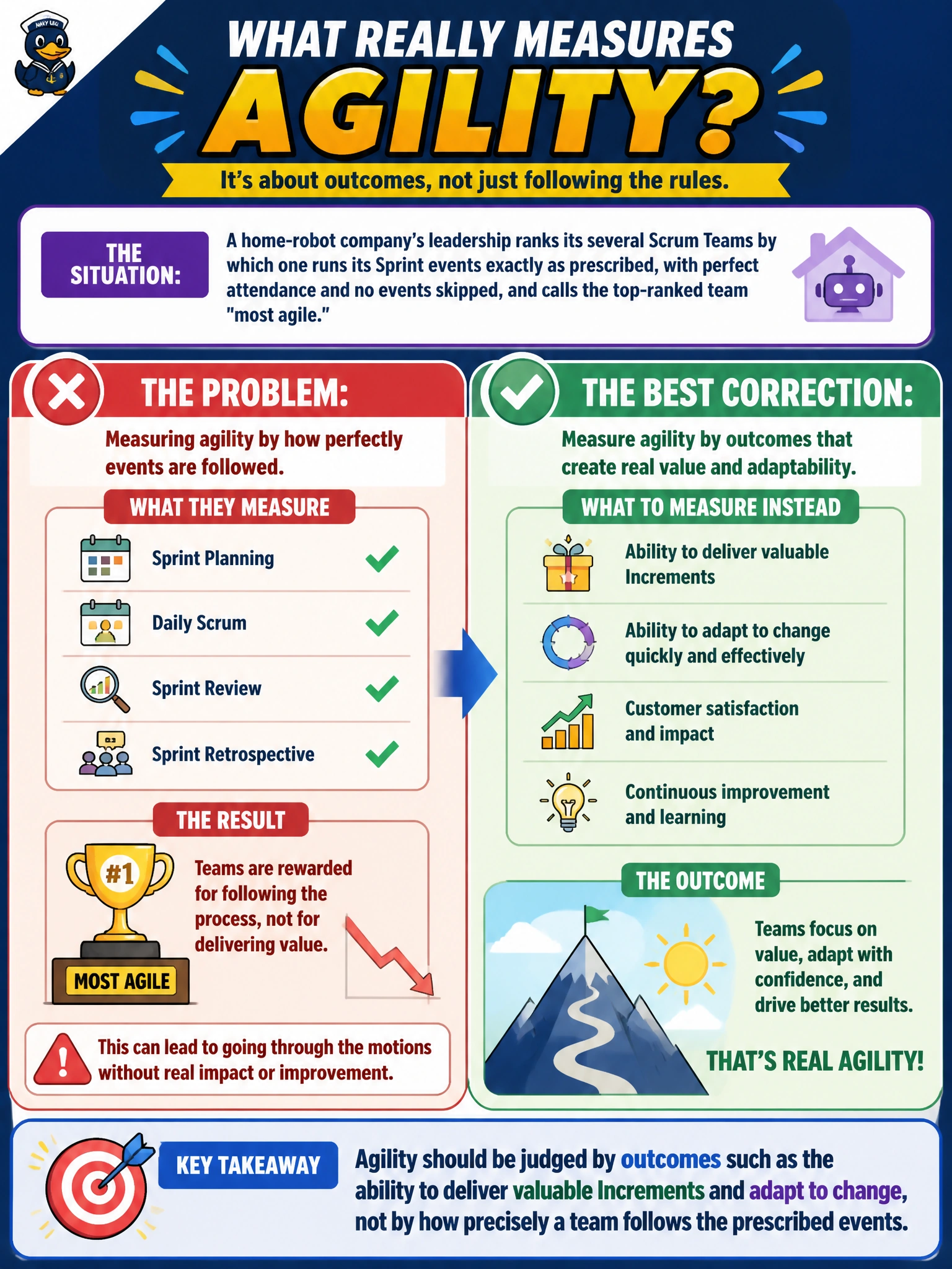 To Create an exciting colorful infographic that explains the concepts in the question: Question: A home-robot company's leadership ranks its several Scrum Teams by which one runs its Sprint events exactly as prescribed, with perfect attendance and no events skipped, and calls the top-ranked team "most agile." What is the best correction to this way of measuring agility? Correct Answer: Agility should be judged by outcomes such as the ability to deliver valuable Increments and adapt to change, not by how precisely a team follows the prescribed events Put EVERY visible label in double quotes. No people. No A/B/C/D letters. In one of the four corners put a little "Navy Duck".