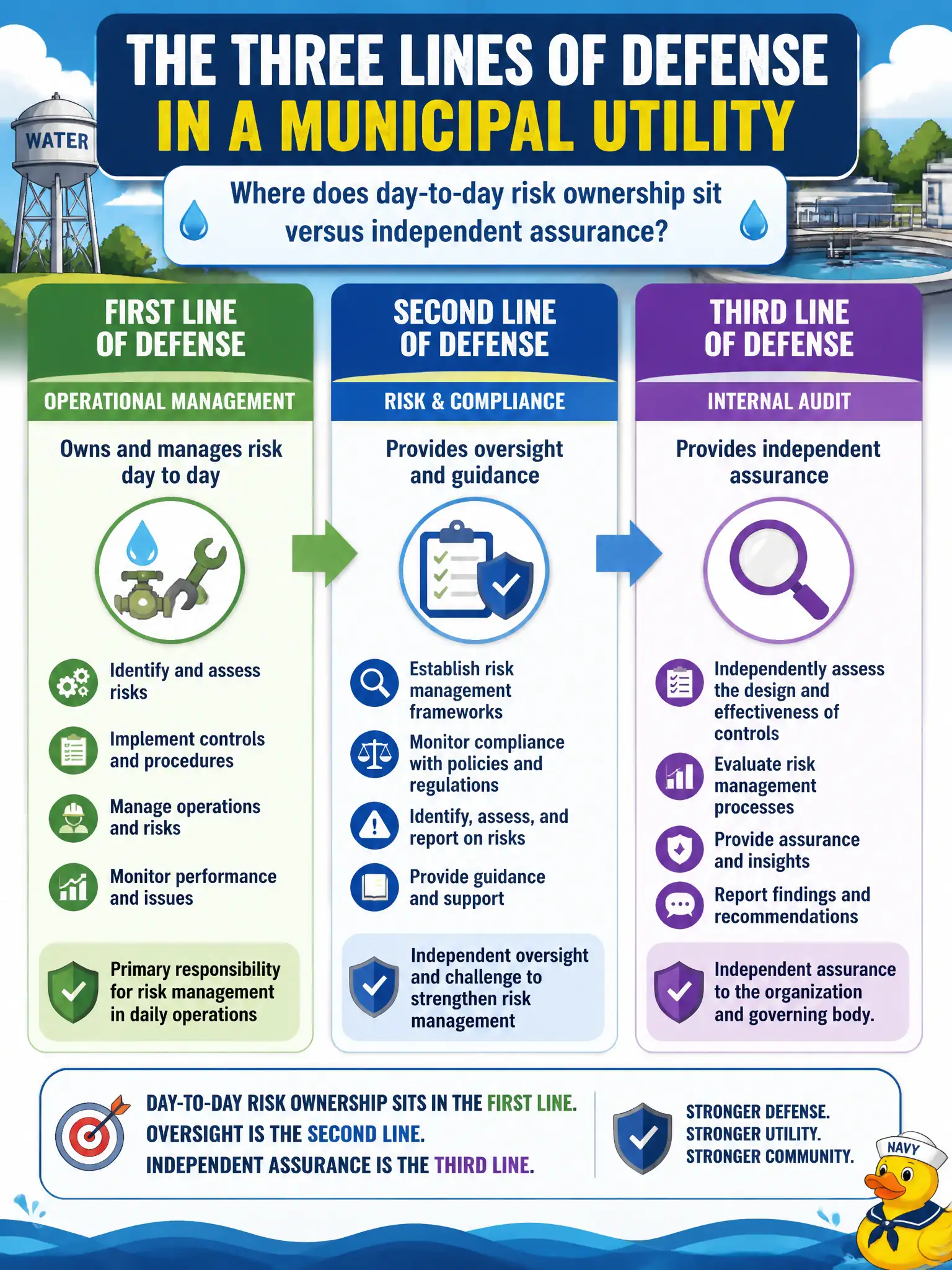 To Create an exciting colorful infographic that explains the concepts in the question: Question: A municipal utility cites the three lines of defense in its charter and asks where day-to-day risk ownership sits versus independent assurance. Which placement is correct at overview depth? Correct Answer: Operational management owns and manages risk day to day (first line); risk and compliance provide oversight (second); internal audit provides independent assurance (third). Put EVERY visible label in double quotes. No people. No A/B/C/D letters. In one of the four corners put a little "Navy Duck".