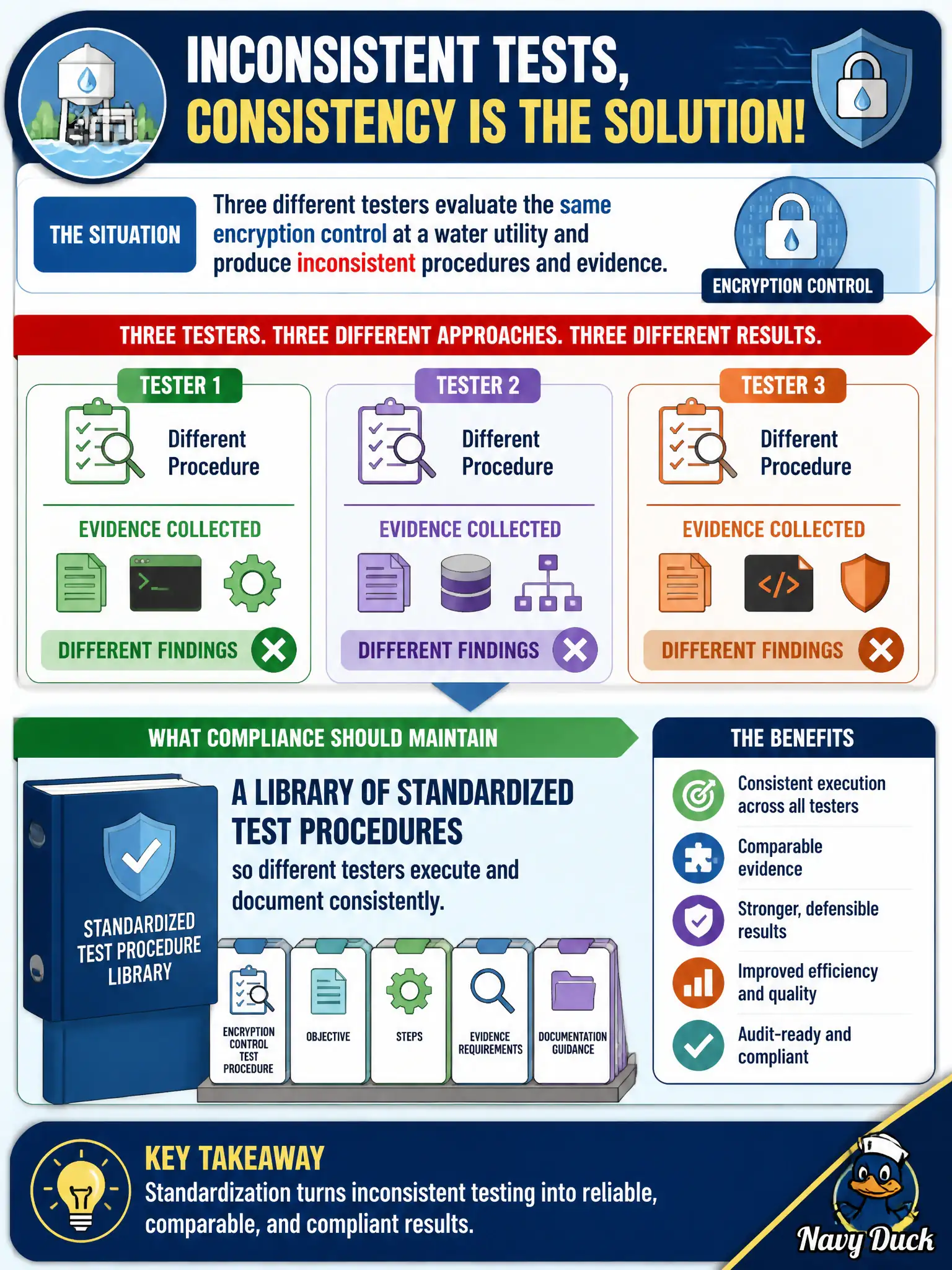 To Create an exciting colorful infographic that explains the concepts in the question: Question: Three different testers evaluate the same encryption control at a water utility and produce inconsistent procedures and evidence. What should compliance maintain? Correct Answer: A library of standardized test procedures so different testers execute and document consistently. Put EVERY visible label in double quotes. No people. No A/B/C/D letters. In one of the four corners put a little "Navy Duck".