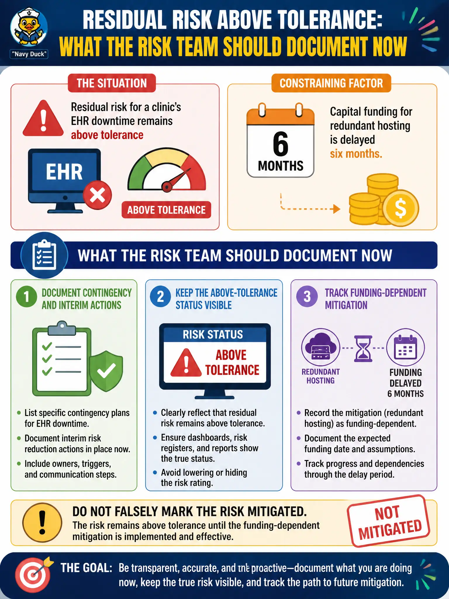 To Create an exciting colorful infographic that explains the concepts in the question: Question: Residual risk for a clinic’s EHR downtime remains above tolerance while capital funding for redundant hosting is delayed six months. What should the risk team document now? Correct Answer: Document contingency and interim actions, keep the above-tolerance status visible, and track the funding-dependent mitigation without falsely marking the risk mitigated. Put EVERY visible label in double quotes. No people. No A/B/C/D letters. In one of the four corners put a little "Navy Duck".