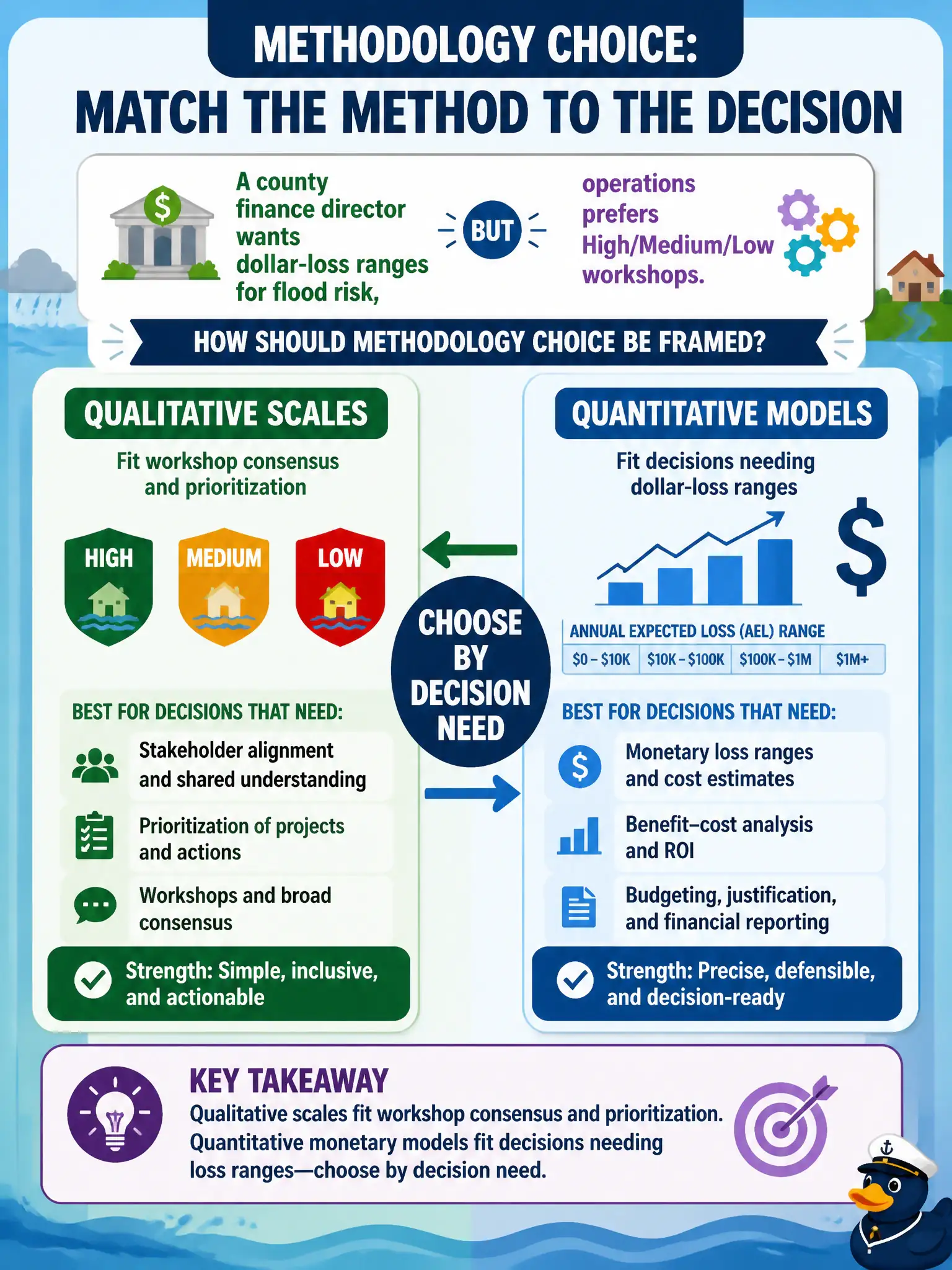 To Create an exciting colorful infographic that explains the concepts in the question: Question: A county finance director wants dollar-loss ranges for flood risk, while operations prefers High/Medium/Low workshops. How should methodology choice be framed? Correct Answer: Qualitative scales fit workshop consensus and prioritization; quantitative monetary models fit decisions needing loss ranges—choose by decision need. Put EVERY visible label in double quotes. No people. No A/B/C/D letters. In one of the four corners put a little "Navy Duck".