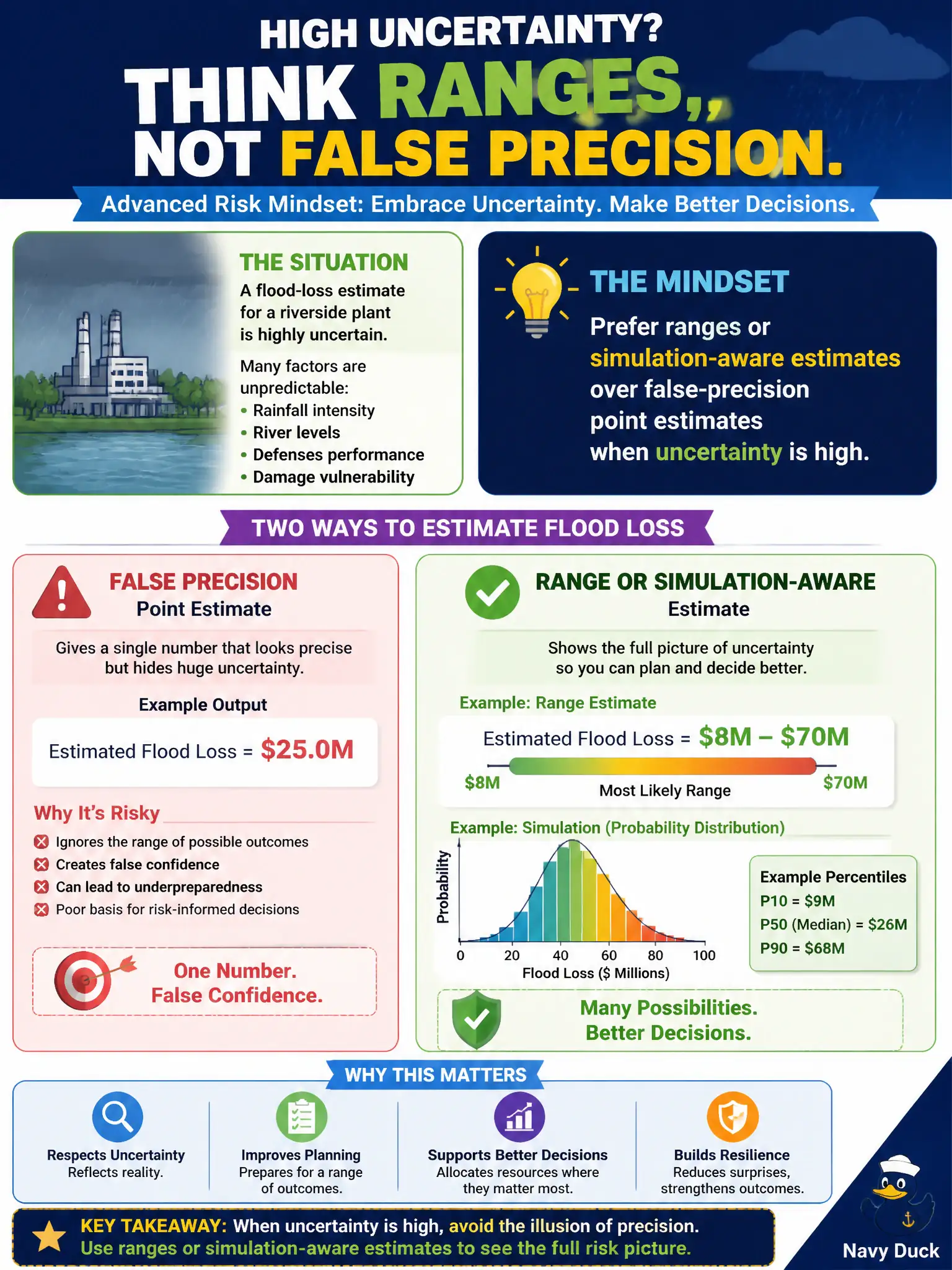 To Create an exciting colorful infographic that explains the concepts in the question: Question: A flood-loss estimate for a riverside plant is highly uncertain. What conceptual scoring mindset fits Advanced Risk–style quantitative thinking? Correct Answer: Prefer ranges or simulation-aware estimates over false-precision point estimates when uncertainty is high. Put EVERY visible label in double quotes. No people. No A/B/C/D letters. In one of the four corners put a little "Navy Duck".