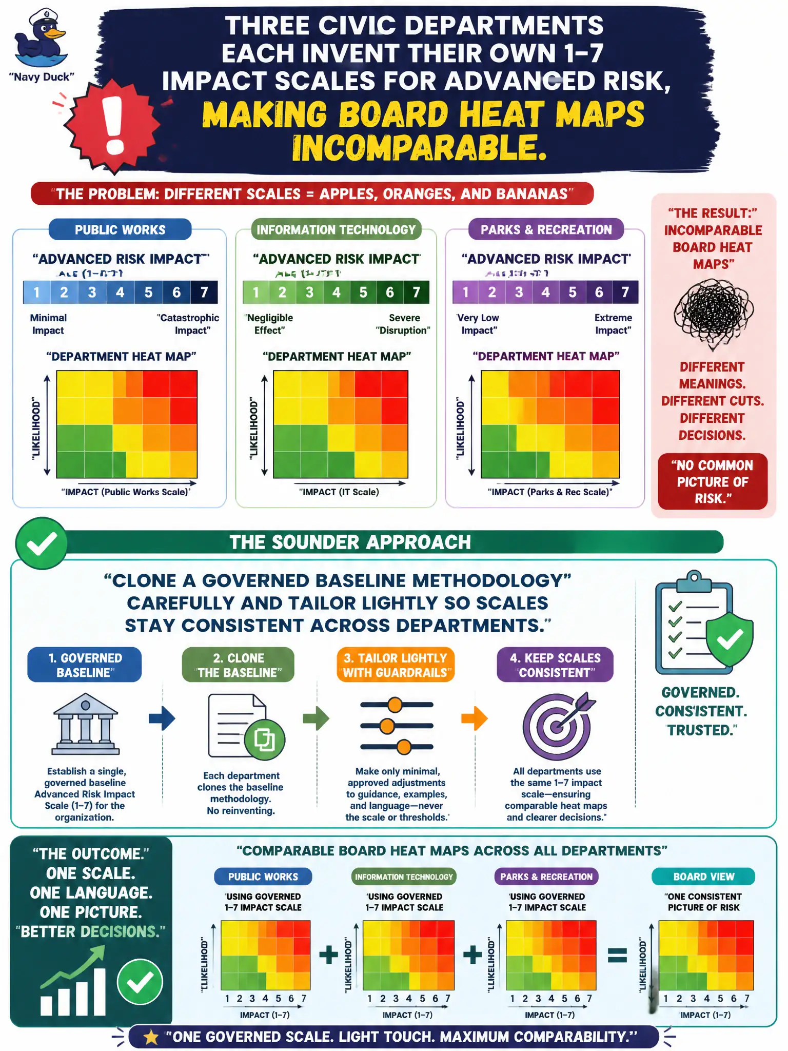 To Create an exciting colorful infographic that explains the concepts in the question: Question: Three civic departments each invent their own 1–7 impact scales for Advanced Risk, making board heat maps incomparable. What is the sounder approach? Correct Answer: Clone a governed baseline methodology carefully and tailor lightly so scales stay consistent across departments Put EVERY visible label in double quotes. No people. No A/B/C/D letters. In one of the four corners put a little "Navy Duck".