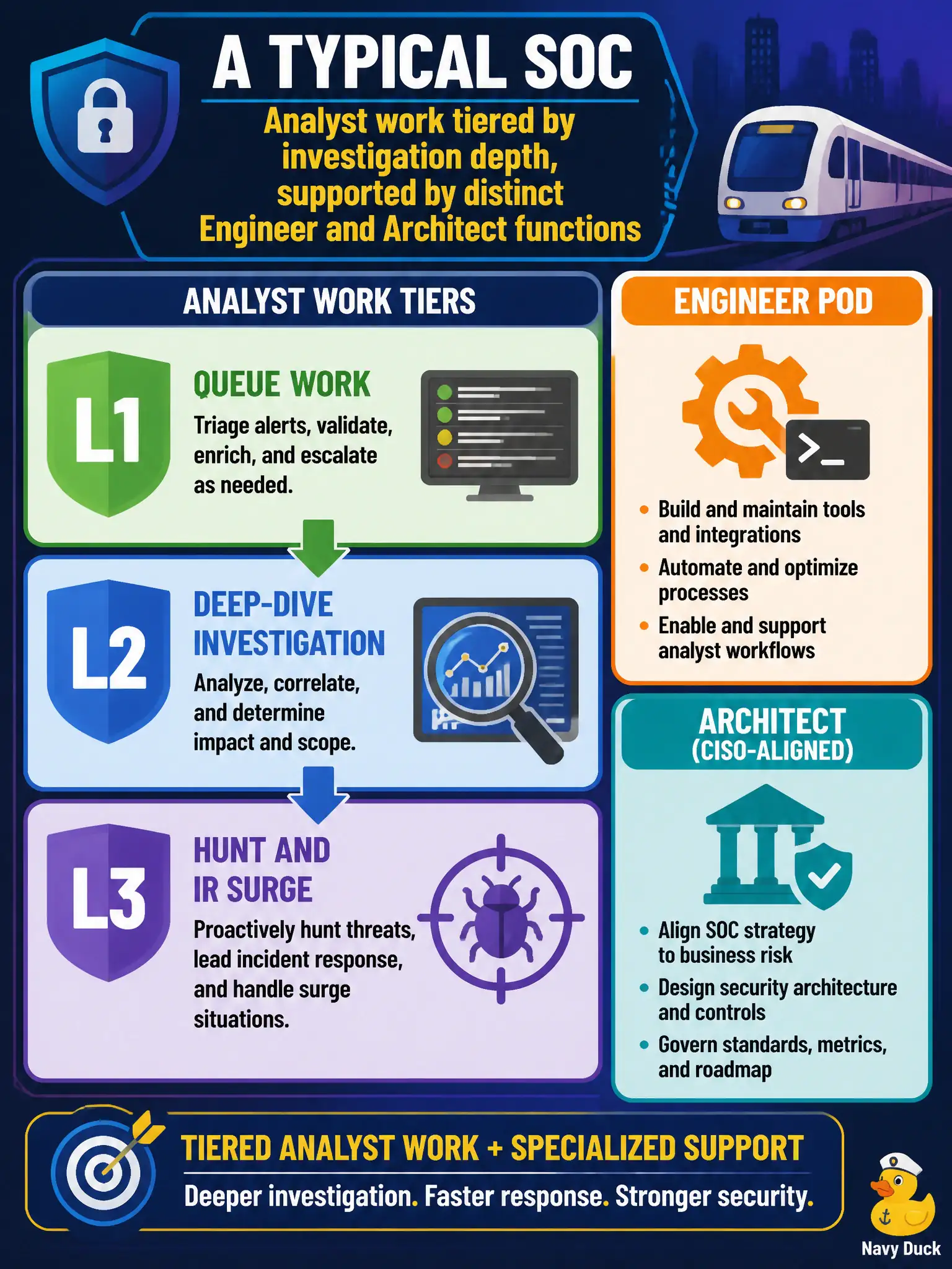 To Create an exciting colorful infographic that explains the concepts in the question: Question: A transit-authority SOC chart shows L1 queue work, L2 deep-dive investigation, L3 hunt and IR surge, plus a separate engineer pod and a CISO-aligned architect. What organization does that chart describe? Correct Answer: A typical SOC: Analyst work tiered by investigation depth, supported by distinct Engineer and Architect functions Put EVERY visible label in double quotes. No people. No A/B/C/D letters. In one of the four corners put a little "Navy Duck".
